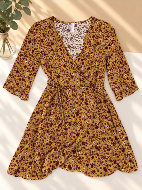 Dresses & Skirts - Mustard Floral Wrap Dress with Tie Waist